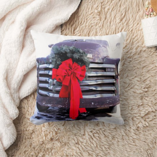 アンティークトラックとフェスティバルクリスマスリース クッション (ブランケット)