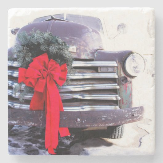 アンティークトラックとフェスティバルクリスマスリース ストーンコースター (正面)