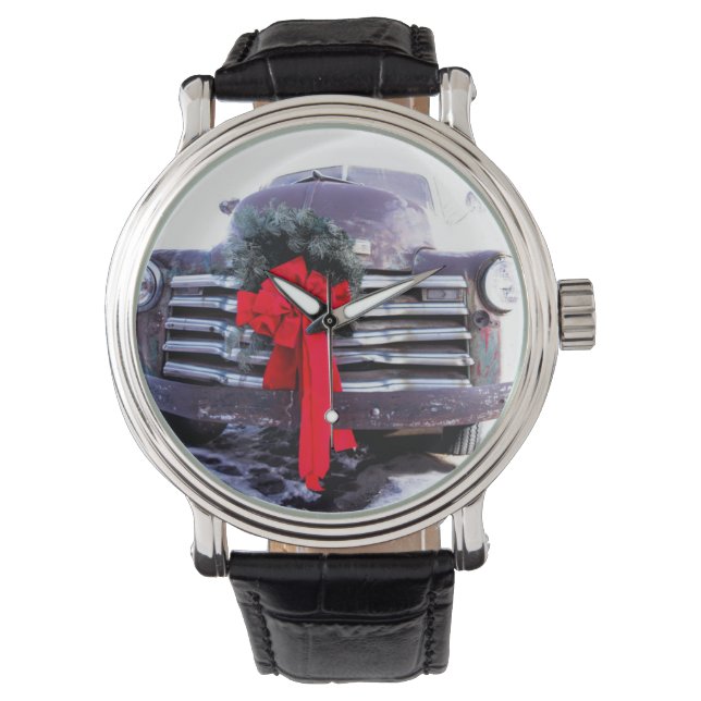 アンティークトラックとフェスティバルクリスマスリース 腕時計 (正面)