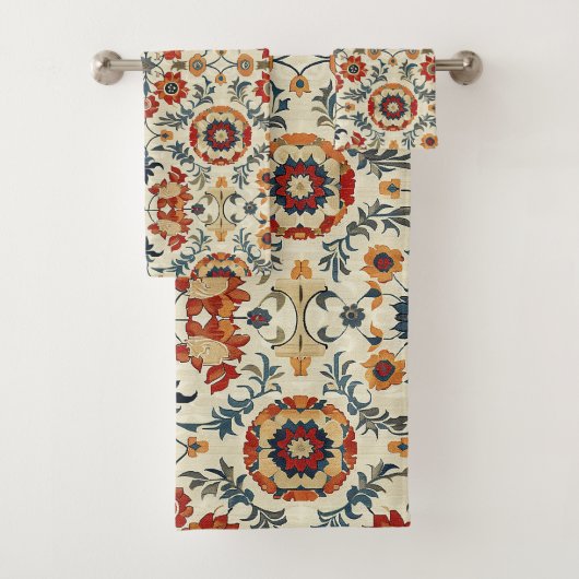 アンティークトルコオリエンタルレッド金ゴールドキリムフローララグ バスタオルセット (インサイチュ)