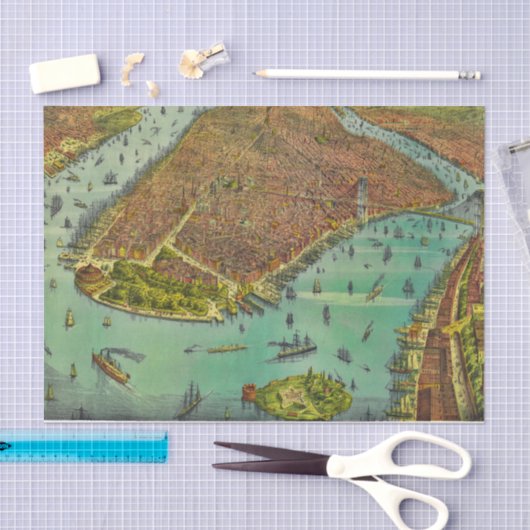 アンティークニューヨークシティバードズアイビューマップ 薄葉紙 (クラフト)