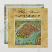 アンティークニューヨークシティ動揺してマップBG SQ結婚ズ 招待状 (正面/裏面)