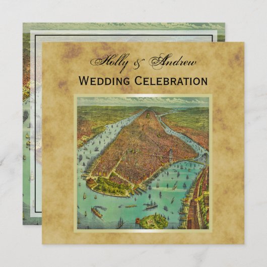 アンティークニューヨークシティ動揺してマップBG SQ結婚ズ 招待状 (正面/裏面)