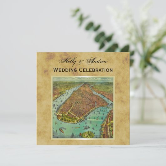 アンティークニューヨークシティ動揺してマップBG SQ結婚ズ 招待状 (スタンド正面)