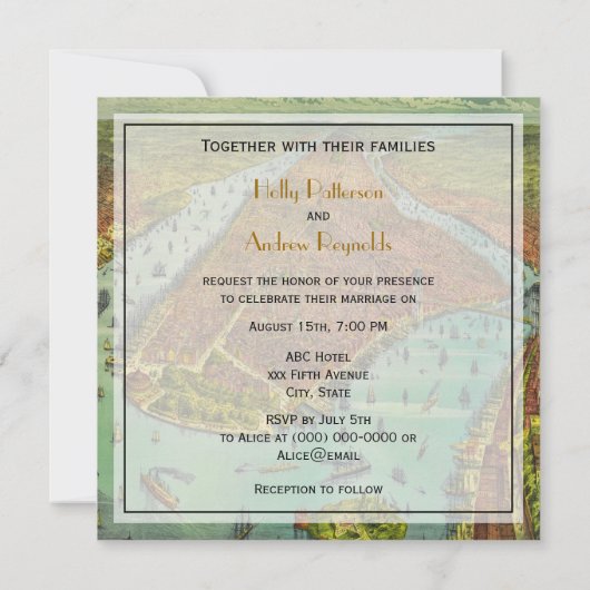 アンティークニューヨークシティ動揺してマップBG SQ結婚ズ 招待状 (裏面)