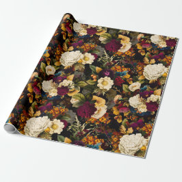 アンティークノスタルジックアネモネとバラの柄黒 ラッピングペーパー