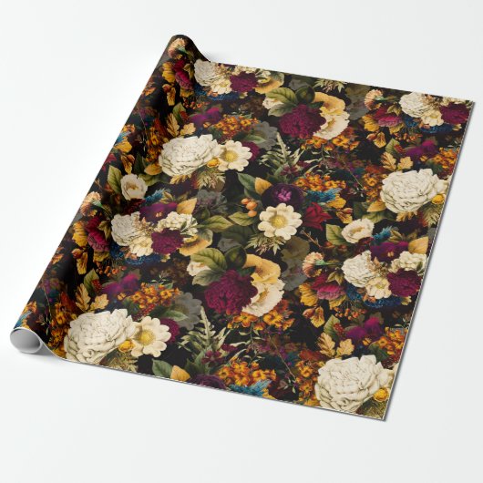 アンティークノスタルジックアネモネとバラの柄黒 ラッピングペーパー (アンロールド)