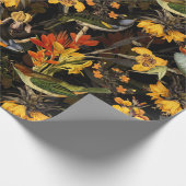 アンティークノスタルジックレッドウテの花と鳥のブラック ラッピングペーパー (角)