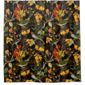 アンティークノスタルジックレッドテフラワーアンドバーズブラック シャワーカーテン (正面)