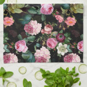 アンティークノスタルジックレドゥーテバラパターンブラック キッチンタオル (折り畳み)