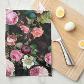 アンティークノスタルジックレドゥーテバラパターンブラック キッチンタオル (四つ折り)