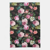 アンティークノスタルジックレドゥーテバラパターンブラック キッチンタオル (縦)
