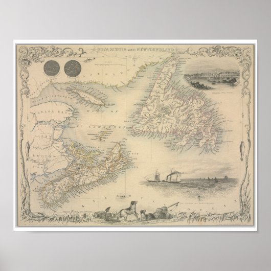 アンティークノバスコシアとニューファンドランドの地図 ポスター (正面)