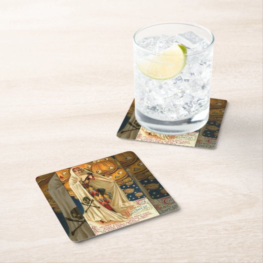 アンティークハロウィーンハロウィーンのカボチャのちょうちん衣装の女性 スクエアペーパーコースター (インサイチュ)