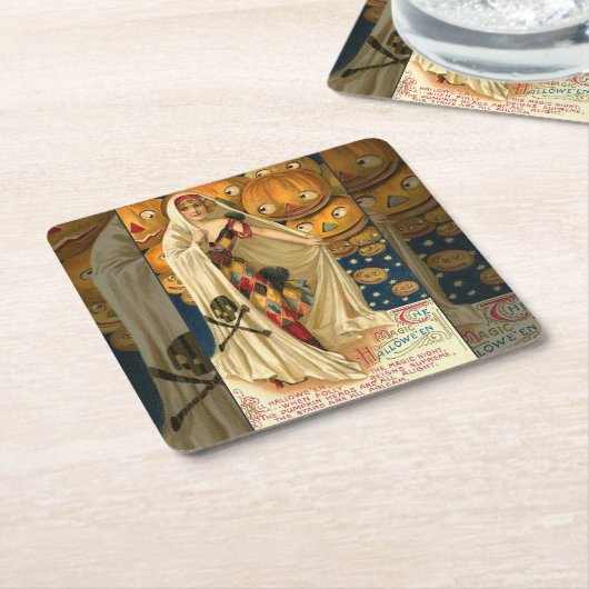 アンティークハロウィーンハロウィーンのカボチャのちょうちん衣装の女性 スクエアペーパーコースター (アングル)