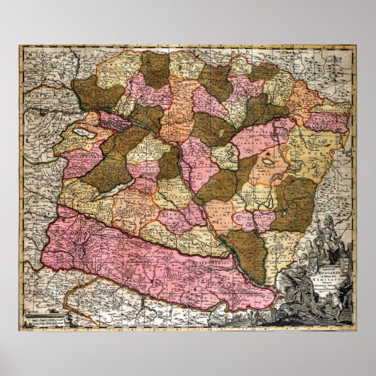 アンティークハンガリーの地図 ポスター (正面)