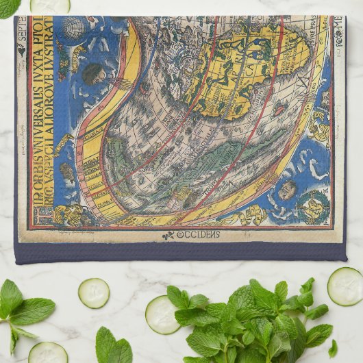 アンティークハート形の世界地図by Peter Apian 1520 キッチンタオル (折り畳み)