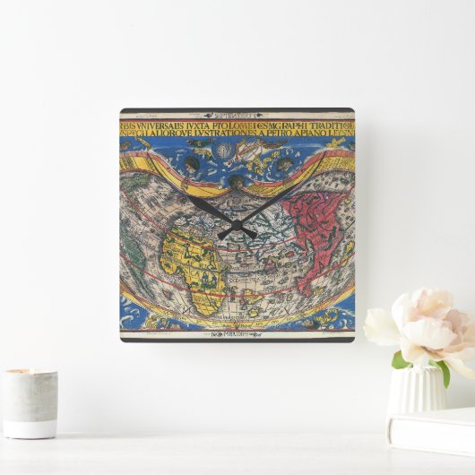 アンティークハート形の世界地図by Peter Apian 1520 スクエア壁時計 (ホーム)