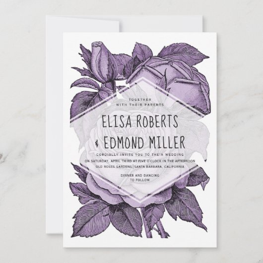 アンティークバイオレットバラヴィンテージ結婚式フローラ 招待状 (正面)