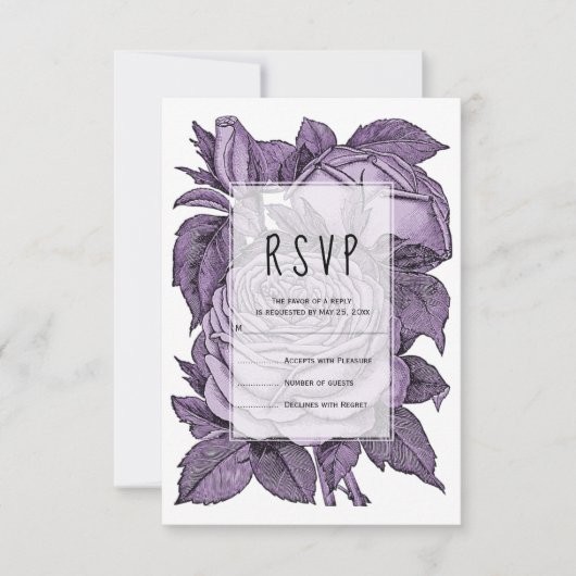 アンティークバイオレットバラヴィンテージ結婚式フローラRSVP 出欠カード (正面)