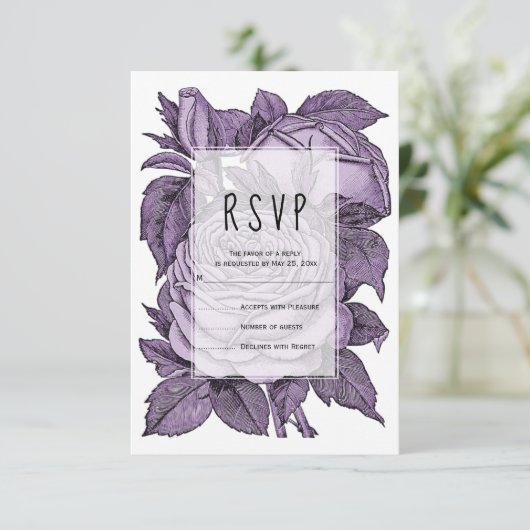 アンティークバイオレットバラヴィンテージ結婚式フローラRSVP 出欠カード (スタンド正面)