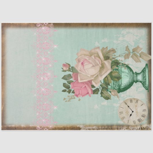 アンティークバラと時計とピンクレースの花瓶 薄葉紙 (正面)