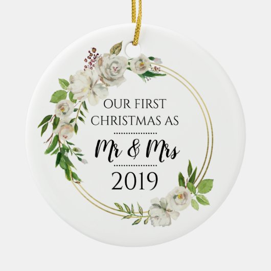 アンティークバラの初めてのクリスマスはミスター・アンド・ミセス セラミックオーナメント (正面)