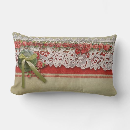 アンティークバラレースレッ素朴ドバーラビクトリアンップ ランバークッション (正面)