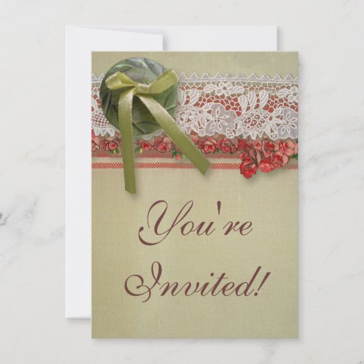 アンティークバラレースレッ素朴ドバーラビクトリアンップ 招待状 (正面)