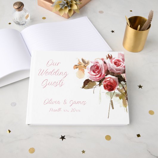 アンティークバラ水彩ピンクウェディングレセプション ゲストブック (正面見開き)