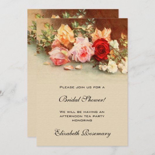 アンティークバラ花フローラヴィンテージブライダルシャワー 招待状 (正面/裏面)