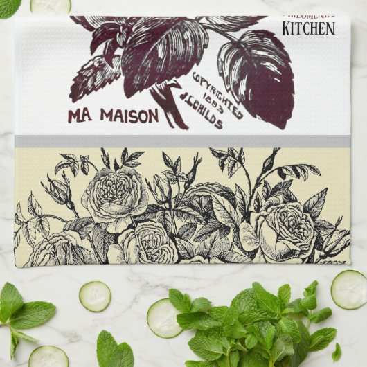 アンティークバラ – お客様の選択文字 キッチンタオル (折り畳み)