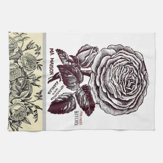 アンティークバラ – お客様の選択文字 キッチンタオル (横)