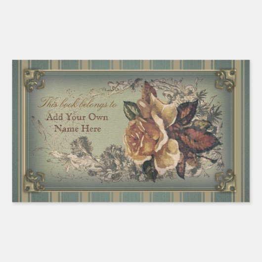 アンティークバラ（青）蔵書票 長方形シール (正面)