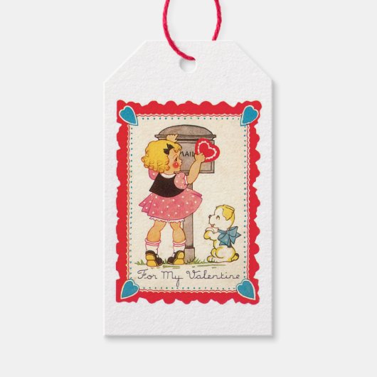 アンティークバレンタインガールと子犬 ギフトタグ (正面)