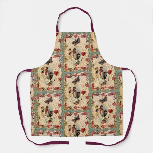 アンティークバレンタインデース、キューピッド、恋人と蝶 エプロン (正面)