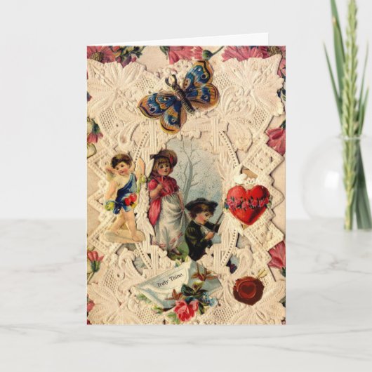 アンティークバレンタインデース、キューピッド、恋人と蝶 シーズンカード (正面)