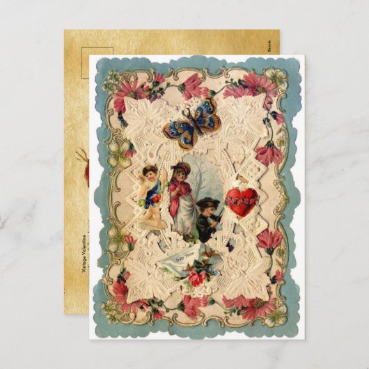 アンティークバレンタインデース、キューピッド、恋人と蝶 シーズンポストカード (正面/裏面)