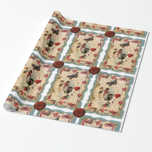 アンティークバレンタインデース、キューピッド、恋人と蝶 ラッピングペーパー (アンロールド)