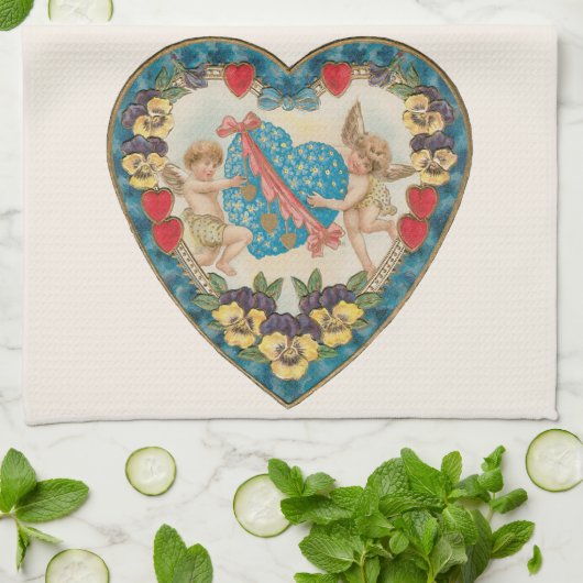 アンティークバレンタインデー、ヴィンテージ天使のハート キッチンタオル (折り畳み)