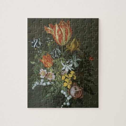 アンティークバロック調の花瓶に活けた静物画の花々 ジグソーパズル (縦)
