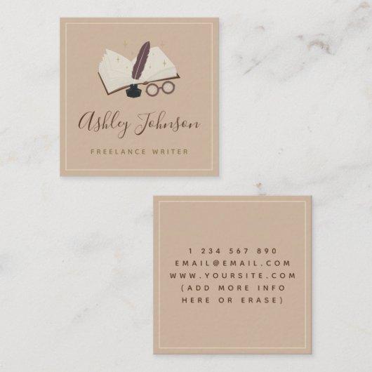 アンティークパステルブラウンブックフリーランスのライターヴィンテージ スクエア名刺 (正面/裏面)