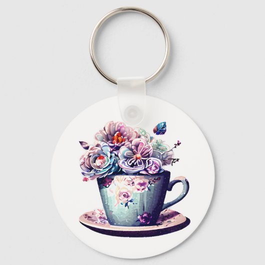 アンティークパーソナライズされたティーカップとヴィンテージ花 キーホルダー (正面)