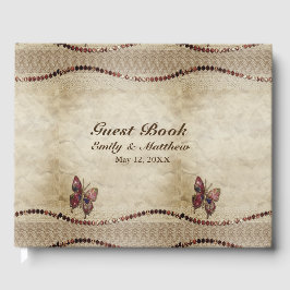 アンティークパーチメント、レース、光沢のあるビーズ&バタフライ ゲストブック