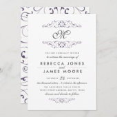 アンティークパープルフローリッシュモノグラムウェディング招待 招待状 (正面/裏面)