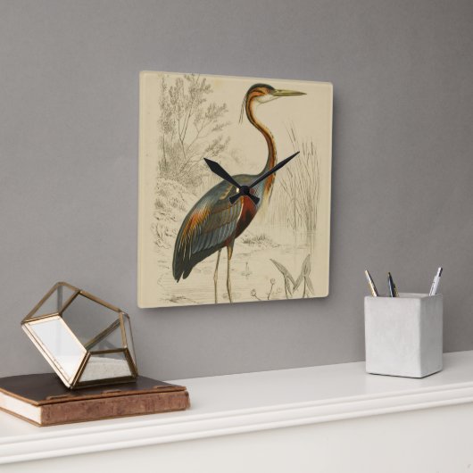 アンティークパープルヘロントラヴィエスエドウールプリント スクエア壁時計 (オフィス)