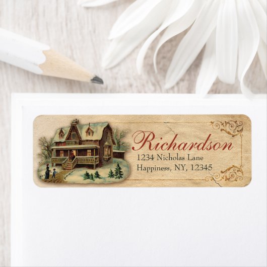 アンティークビクトリアンウィンターハウスクリスマスシーン ラベル (インサイチュ)