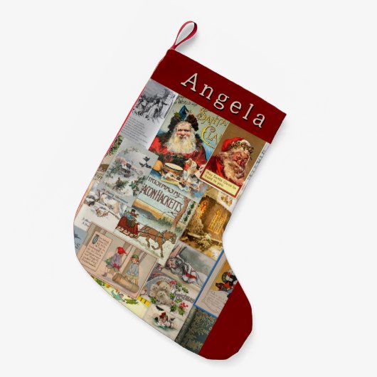 アンティークビクトリアンクリスマスエフェメラコラージュアート スモールクリスマスストッキング (正面 (吊り時))