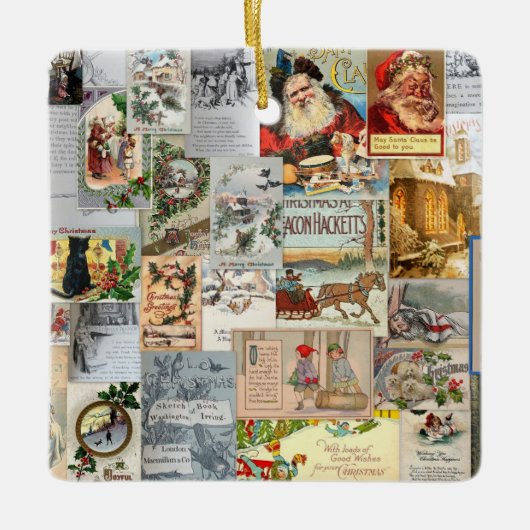 アンティークビクトリアンクリスマスエフェメラコラージュアート セラミックオーナメント (正面)