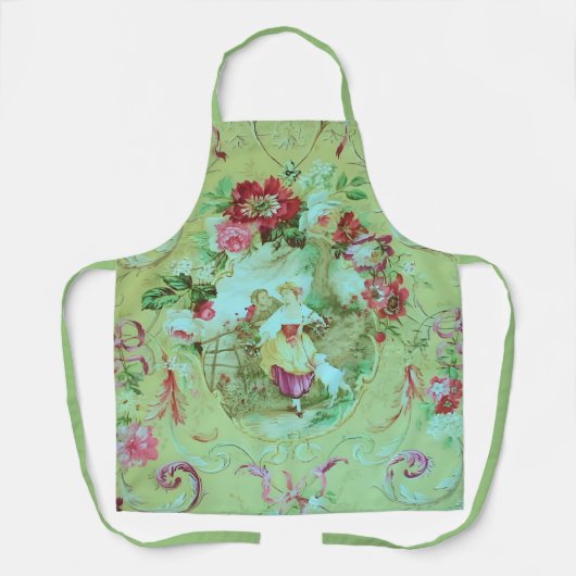 アンティークビクトリアントイルロココスタイルセージグリーン エプロン (正面)